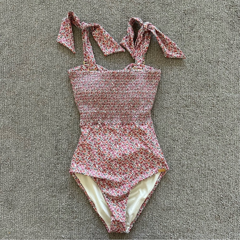 Smocked Tie-Shoulder One-Piece Swimsuit in Pink Floral